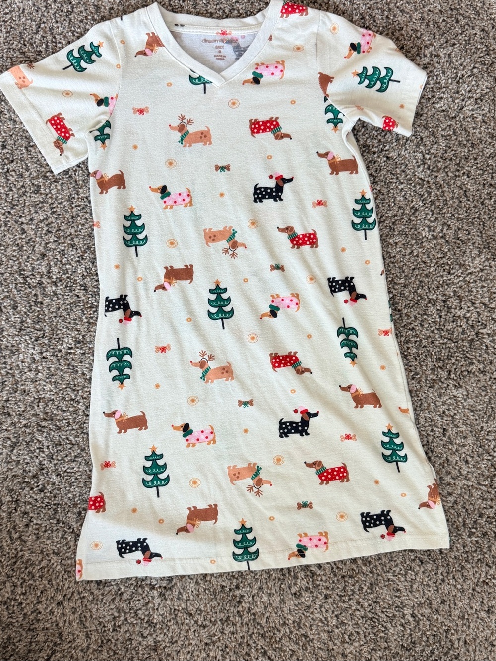 Girls' Cream Holiday Dachshund Nightgown with Festive Print